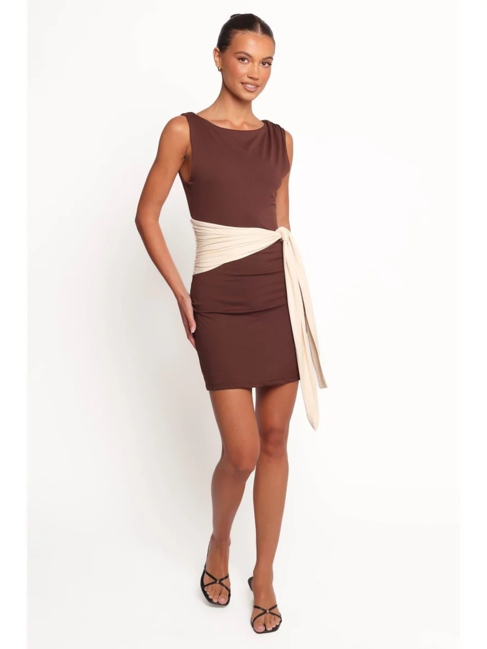 Petal & Pup Brown NICOSIA Mini Dress with Cream Waist Sash